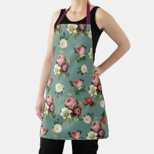 Vintage Flowers on Stone Blue, Retro Floral Print Apron