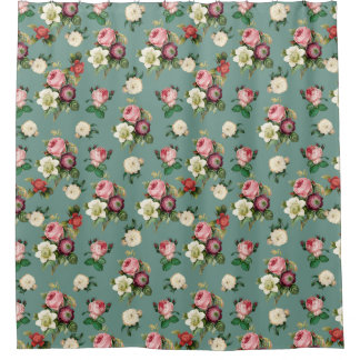Vintage Flowers on Stone Blue, Retro Floral Print Shower Curtain