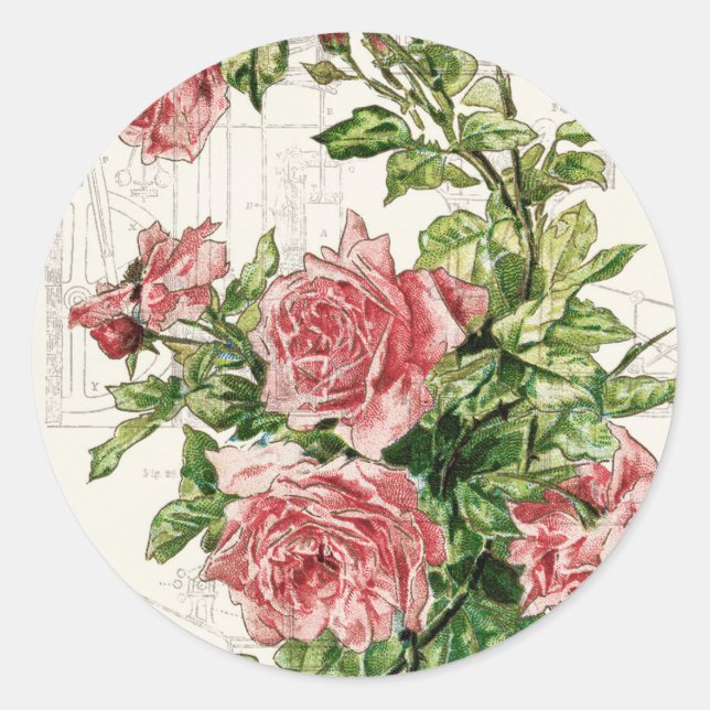 Vintage Flowers over Distressed Text Classic Round Sticker (Front)