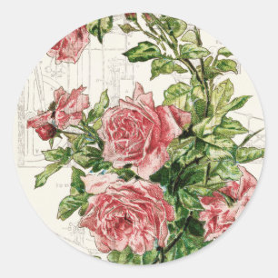 Vintage Flowers over Distressed Text Classic Round Sticker