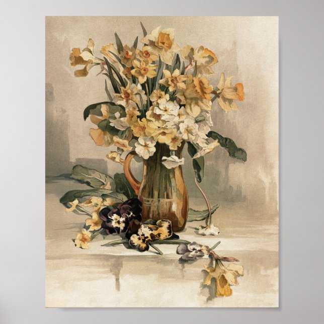 Vintage Flowers Painting, Botanical Still Life Poster (Front)