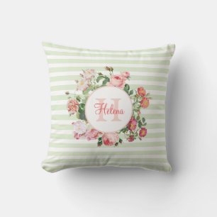 Vintage Flowers Pastel Green Stripes Monogram Cushion