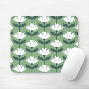 Vintage Flowers Pattern Green & White Mouse Mat
