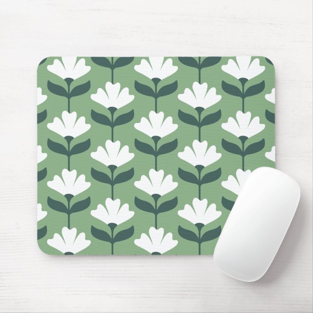 Vintage Flowers Pattern Green & White Mouse Mat (With Mouse)