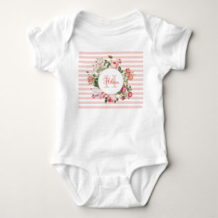 Vintage Flowers Pink Stripes Monogram Baby Bodysuit