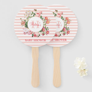 Vintage Flowers Pink Stripes Monogram Baby Shower Hand Fan