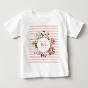 Vintage Flowers Pink Stripes Monogram Baby T-Shirt