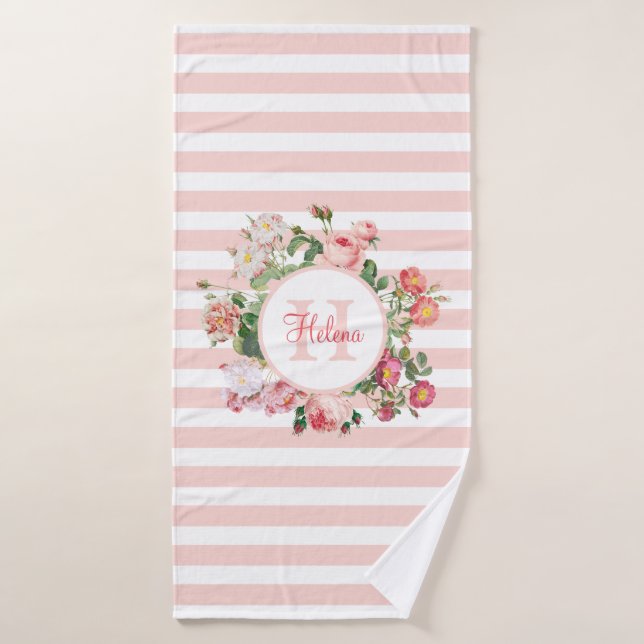 Vintage Flowers Pink Stripes Monogram Bath Towel (Bath Towel)