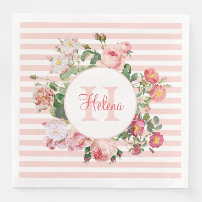 Vintage Flowers Pink Stripes Monogram Napkin (Front)