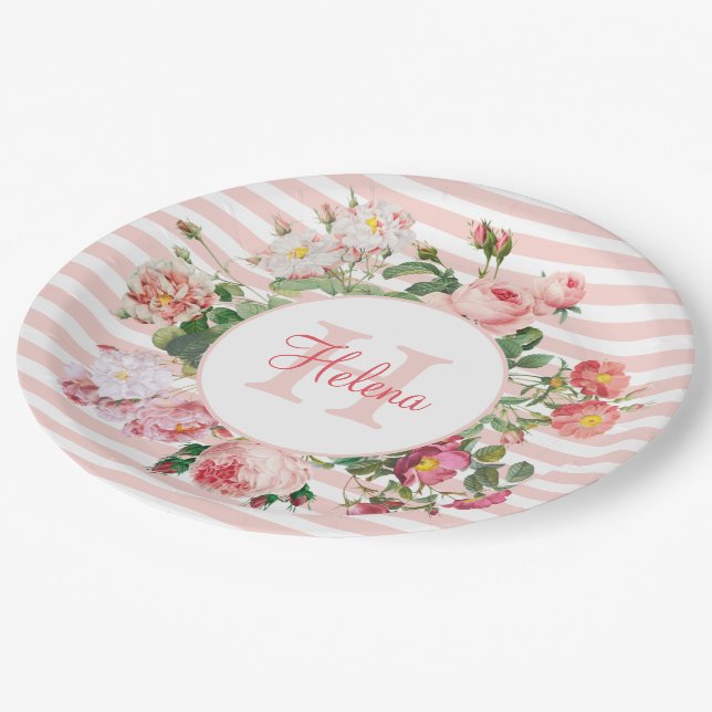 Vintage Flowers Pink Stripes Monogram Paper Plate (Angled)