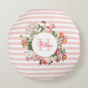 Vintage Flowers Pink Stripes Monogram Round Cushion