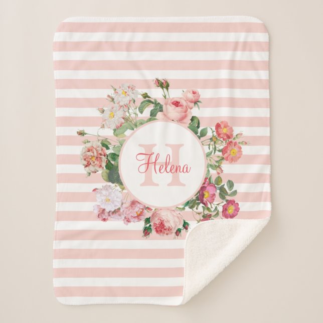 Vintage Flowers Pink Stripes Monogram Sherpa Blanket (Front)