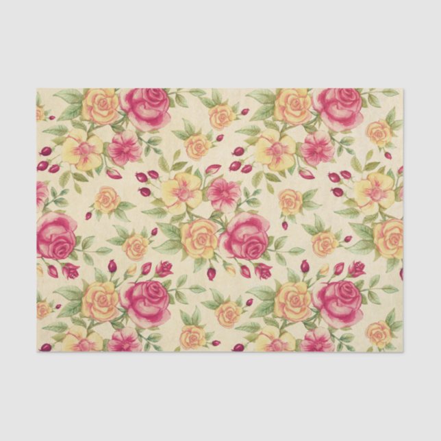 Vintage Flowers Pink Yellow Roses Tissue Paper (Front)