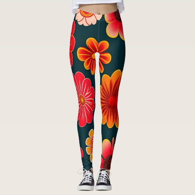 Vintage Flowers Red Black Floral Pattern Leggings (Front)
