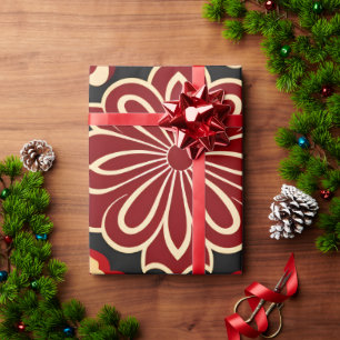 Vintage Flowers Red Green Floral Pattern Wrapping Paper