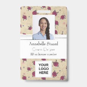 Vintage flowers red rose modern elegant brown cool ID badge