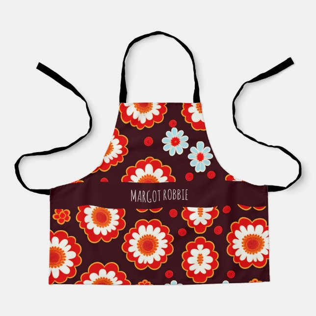 Vintage Flowers Red White Mosaic Pattern Apron (Front)