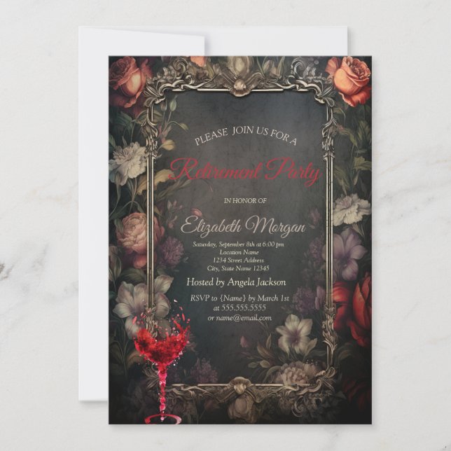 Vintage Flowers RosesGothic Wine Glass Retirement  Invitation (Front)