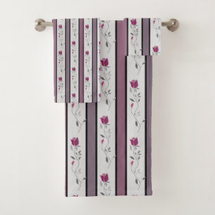 Vintage flowers striped pattern in black and pink bath towel set