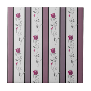 Vintage flowers striped pattern in black and pink tile