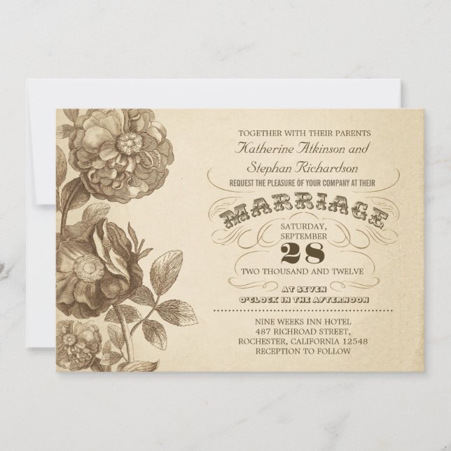 vintage  flowers & typographic wedding invitation (Front)