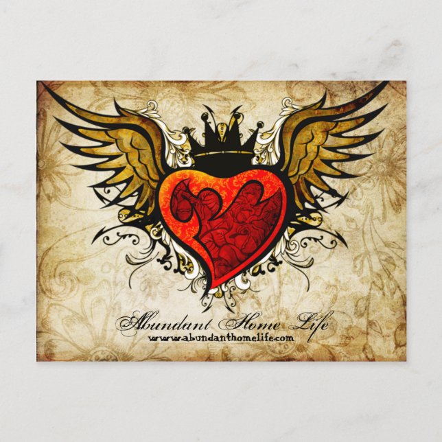 Vintage Flowers & Winged Heart Tattoo Postcard (Front)