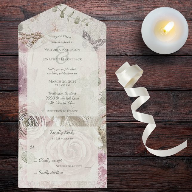 Vintage Flowers with Butterfly  All In One Invitation (Also available with QR code or dinner options. )