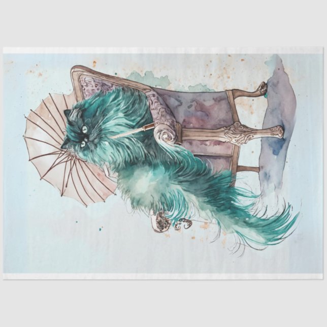 Vintage fluffy Persian teal cat decoupage Tissue Paper (Front)