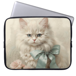 VINTAGE FLUFFY WHITE CAT WITH FLOWERS LAPTOP SLEEVE