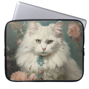 VINTAGE FLUFFY WHITE CAT WITH FLOWERS LAPTOP SLEEVE