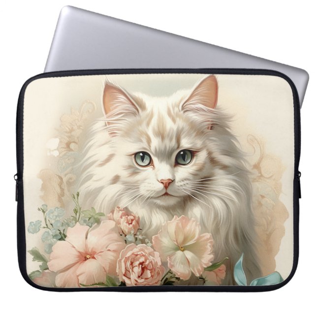 VINTAGE FLUFFY WHITE CAT WITH FLOWERS LAPTOP SLEEVE (Front)