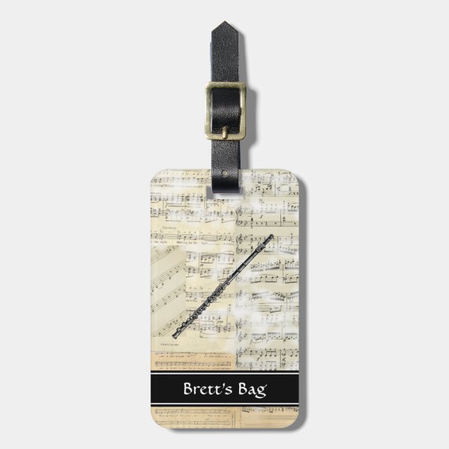 Vintage Flute Music Luggage Tag (Front Vertical)