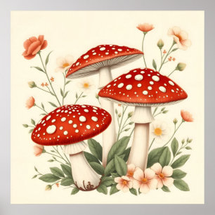 Vintage Fly Agaric Red And White Mushrooms Floral Poster