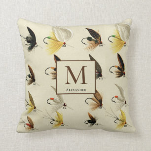 Vintage Fly Fishing Flies Watercolor Nautical Cushion