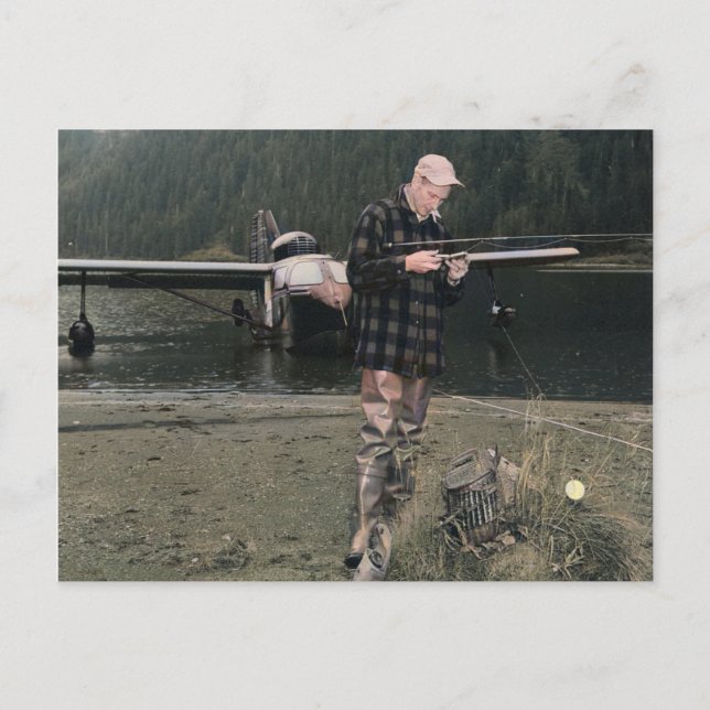 Vintage Fly Fishing Lake Aeroplane Colourized Postcard (Front)