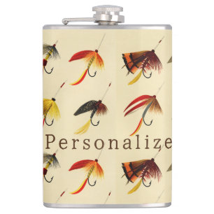 Vintage fly fishing lake fliers lures fisherman  hip flask