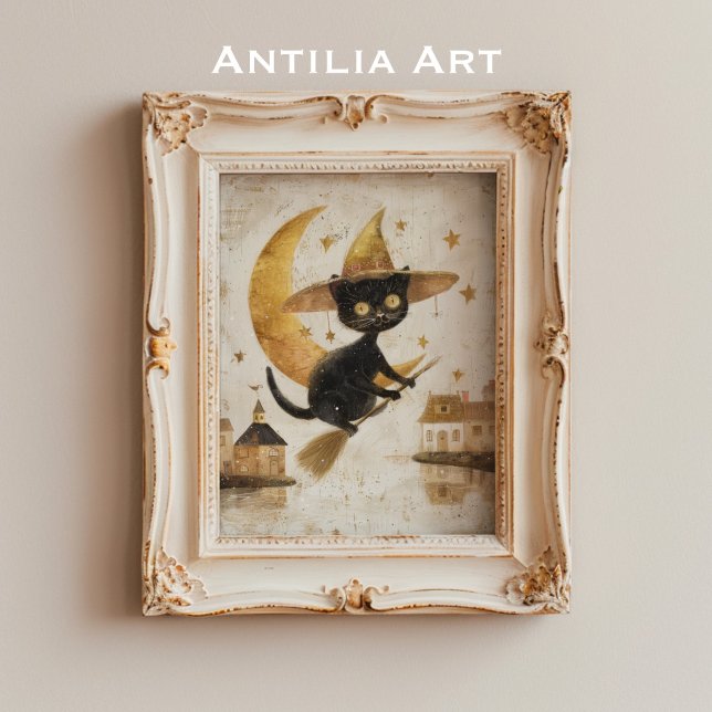 Vintage Flying Black Cat Painting Halloween Moon  Poster (Creator Uploaded)
