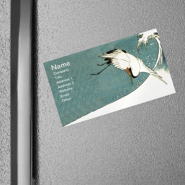 Vintage Flying Crane Ocean Wave Magnetic Business Card (White crane bird flying over ocean wave on blue magnetic business card.)