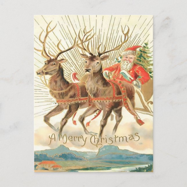 Vintage Flying Santa & Majestic Reindeer Postcard (Front)