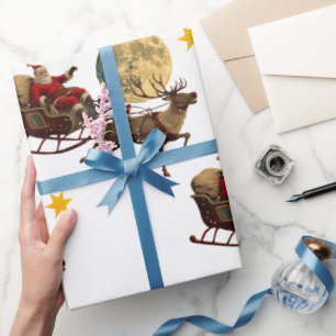 Vintage Flying Santa With Reindeer Wrapping Paper