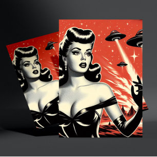 Vintage Flying Saucers Pin-up Postcard