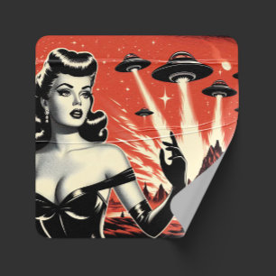 Vintage Flying Saucers Pin-up Square Sticker