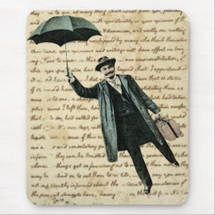 Vintage Flying Umbrella Man with Handwriting Page Mouse Mat