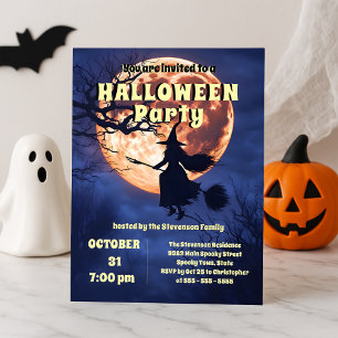 Vintage Flying Witch Full Moon Halloween Party Invitation