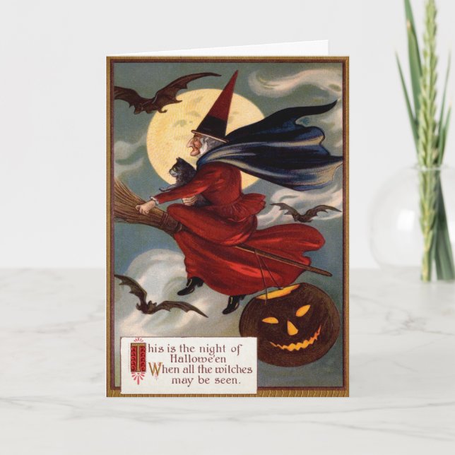Vintage Flying Witch Halloween Card (Front)