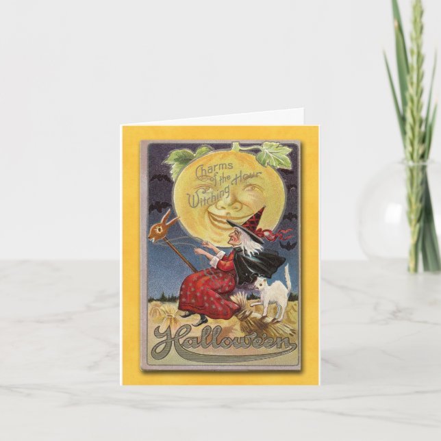 Vintage Flying Witch Halloween Card (Front)