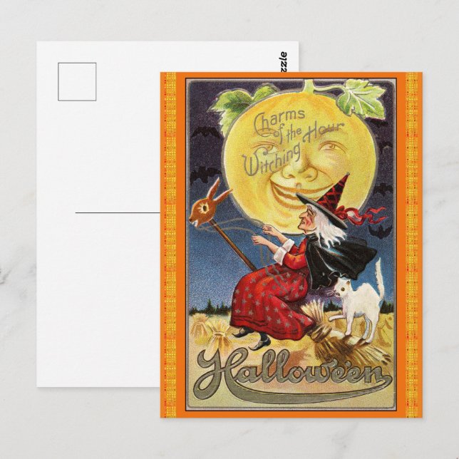 Vintage Flying Witch Halloween Postcard (Front/Back)