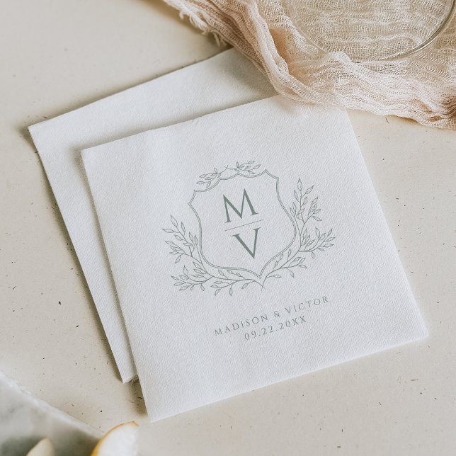 Vintage Foliage Crest Monogram Sage Green Wedding Napkin (Creator Uploaded)