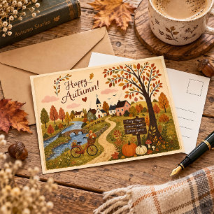 Vintage Folk Art Autumn Cottage Village Greeting Postcard