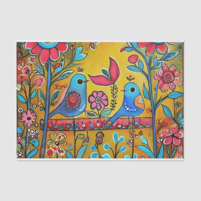 Vintage folk art birds bright colours tissue paper (Front)